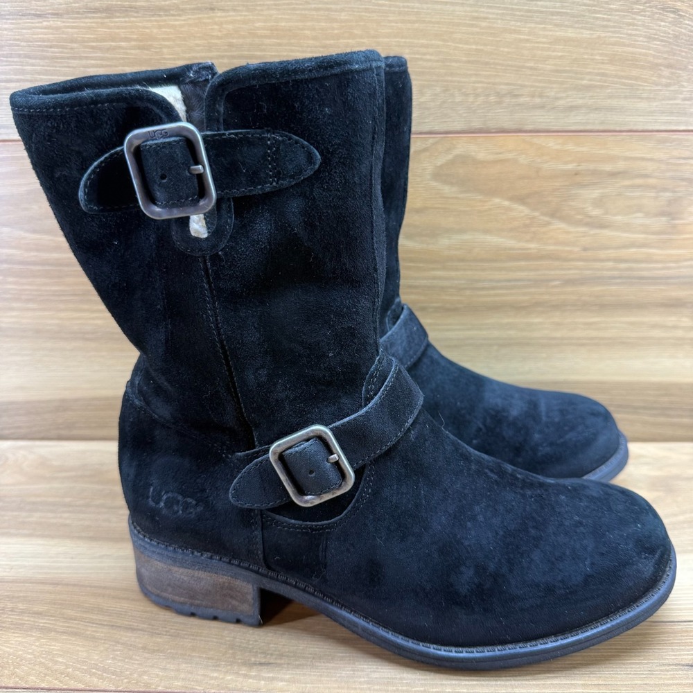 UGG Chaney Moto Boots Womens 7.5 Black Suede Buckle Sherpa Fur Cozy Gorpcore